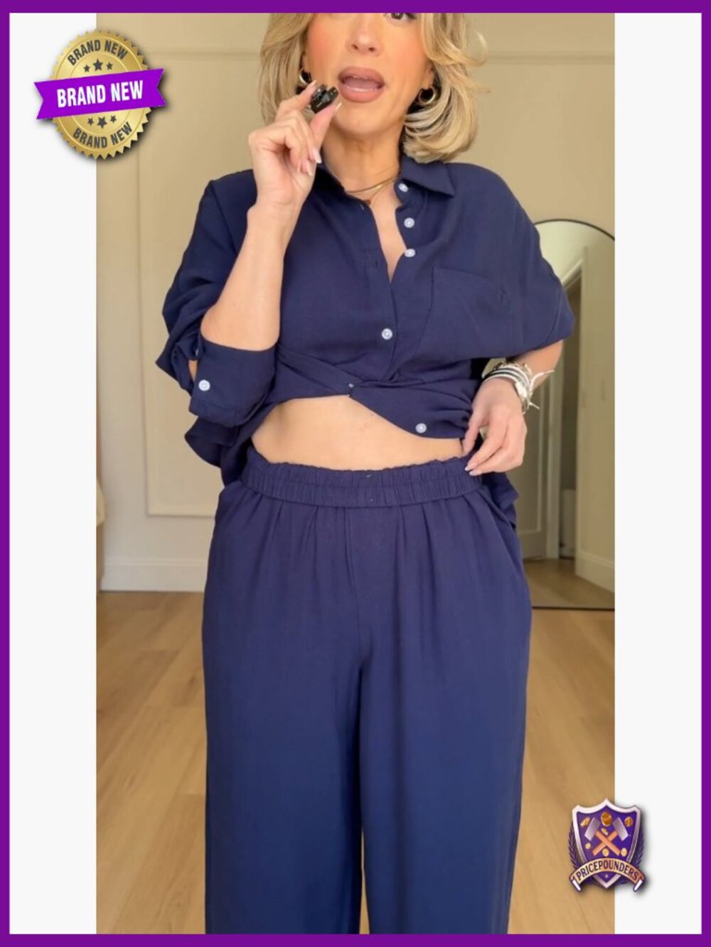 Women's Linen 2 Piece Lounge Set, Button Down & Wide Leg Pants - Picture 6 of 7